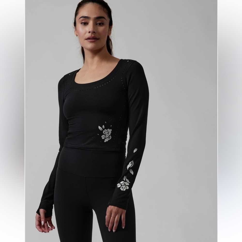 Athleta Black Long Sleeve Top with White Floral Design size XXS